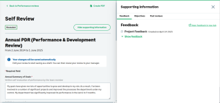 Screenshot: Supporting information sidebar on the self review page